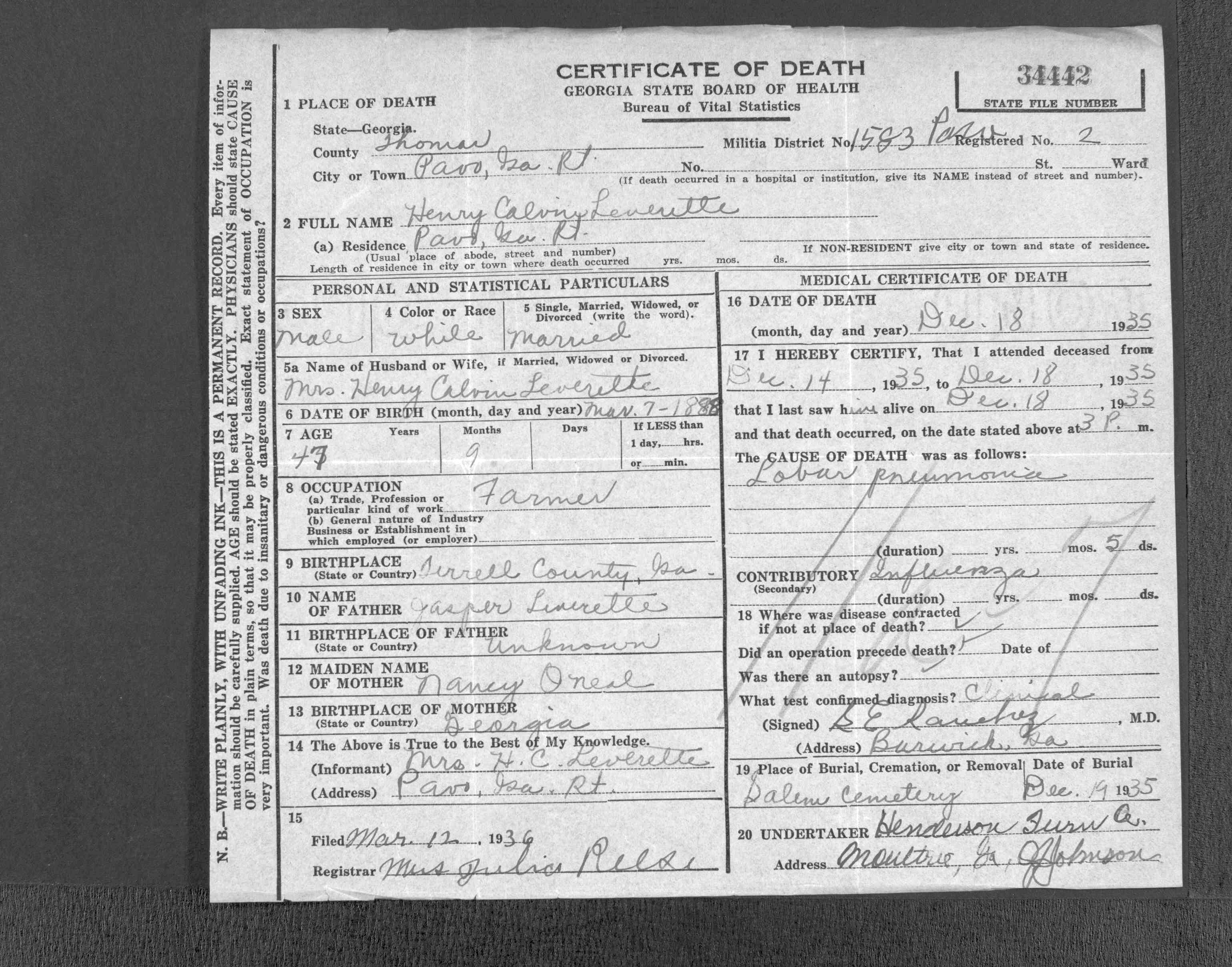 Death Certificate of Henry